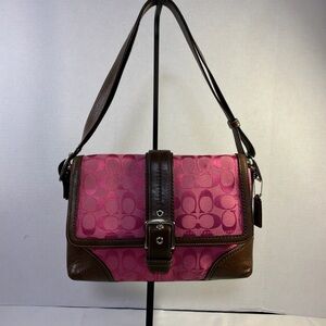 Coach Pink HamptonSignature C Canvas Shoulder Bag with Brown Leather Trim